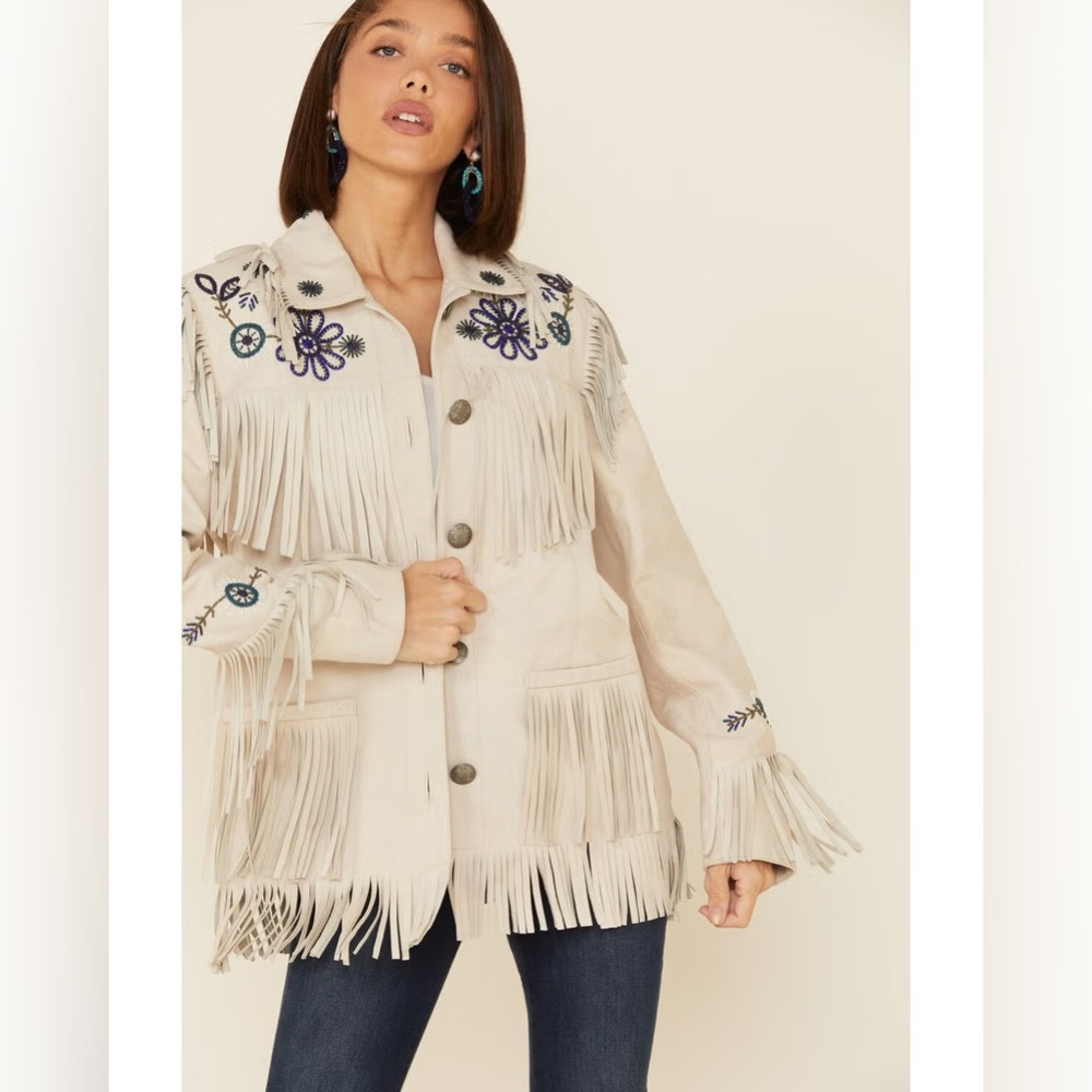 Double D Ranch leather fringe Dunway Jacket embroidered concho RTL $1095 S NWOT